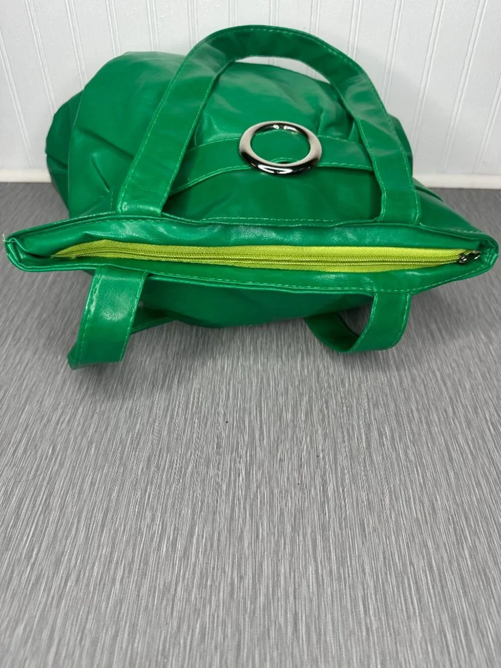 Green Faux Leather Hobo Handbag Silver Ring Hardware Detail